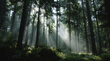 Obraz premium Forest Sunbeams: Nature's Light Through Deep Woods 