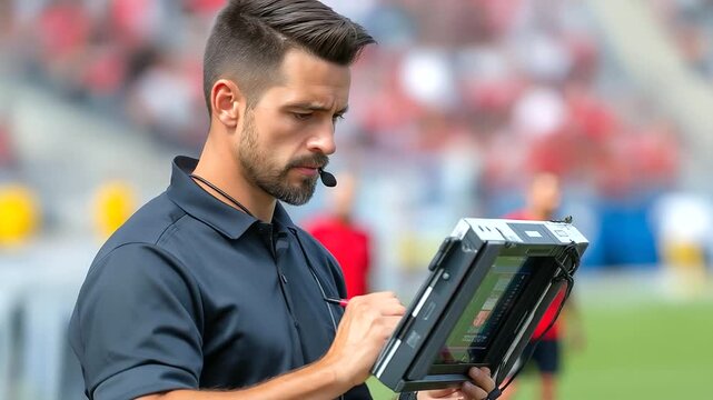 Referee checking VAR monitor, focused posture, tech reflections, tense atmosphere, blurred background with copy space