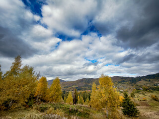 Sunny Autumn Carpathians with Puffy White Clouds
