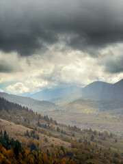 Sunny Autumn Carpathians with Puffy White Clouds