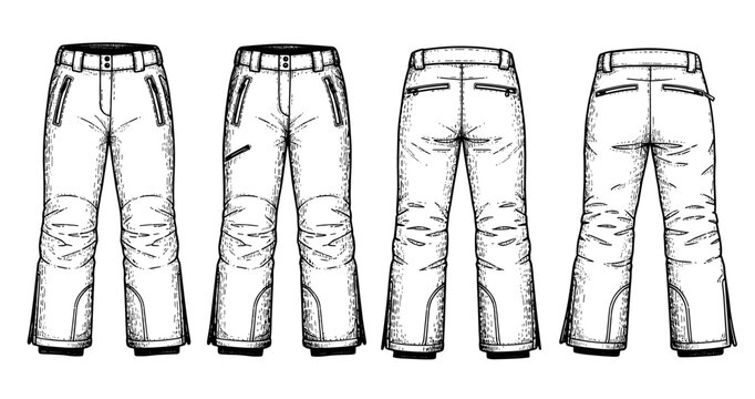 Black and white technical drawing of ski pants from front and back