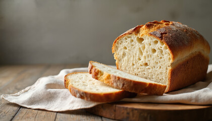 Freshly baked artisan sourdough bread loaf, sliced on a wooden board with linen cloth. Detailed view of chewy crumb and crunchy crust. Natural light.