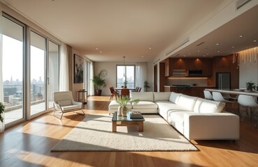 Bright open plan living and dining area with city views. Large sectional sofa, coffee table, modern kitchen with island. Sunlight streams in through floor to ceiling windows.