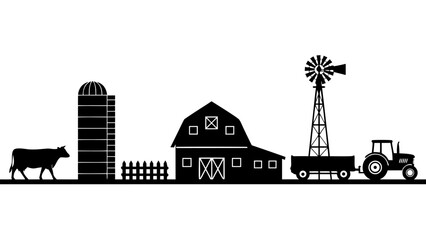Black silhouette of a traditional farm scene with a cow, silo, barn, windmill, and tractor with trailer. © Beny Qurdy