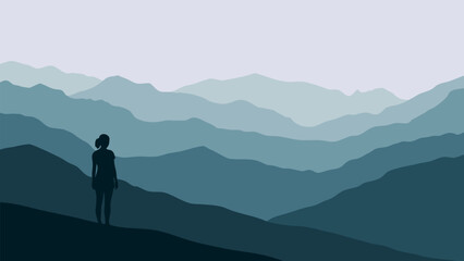 Obraz premium A minimalist illustration of a lone figure standing on a hill, gazing at a serene, layered mountain landscape in shades of blue and grey.