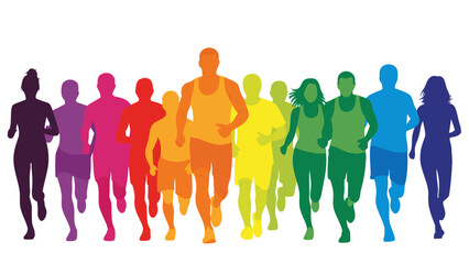 A vibrant group of diverse people running together in a colorful marathon or community race, symbolizing unity and activity.