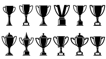 A collection of twelve black silhouette trophy icons, representing various awards and achievements.
