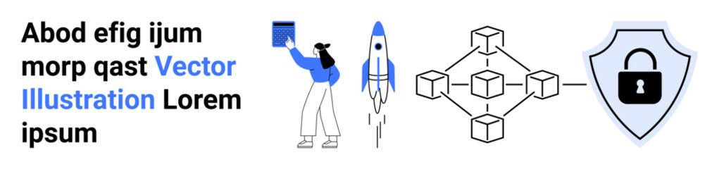 Blockchain, cybersecurity, space technology, innovation, secure transactions, future tech. A person holding a box, rocket launch data nodes and a padlock shield. Blockchain and cybersecurity