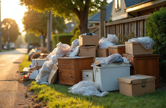 Household trash, unwanted furniture sit on residential street curb. Items like boxes, plastic bags, drawers await bulk waste collection. Morning sunlight illuminates pile, suggesting cleanup moving