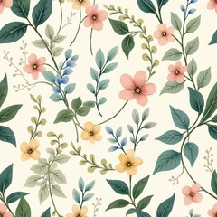 Delicate seamless floral pattern with blooming pink and yellow flowers on light cream background. Green leaves and branches create a vintage textile design. Botanical illustration for decor.
