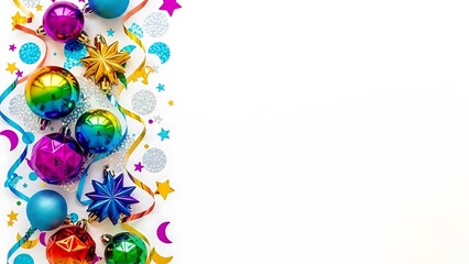 Colorful Christmas decorations with shiny baubles stars and streamers on white background