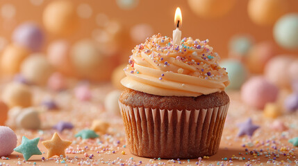A beautifully decorated cupcake with orange frosting and sprinkles, topped with a candle, set against a soft, pastel backdrop filled with colorful decorations.