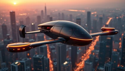 Futuristic air taxi flies above a modern city at sunset. Electric vehicle aircraft embodies new tech future transportation. Urban drone concept showcases advanced mobility solutions.