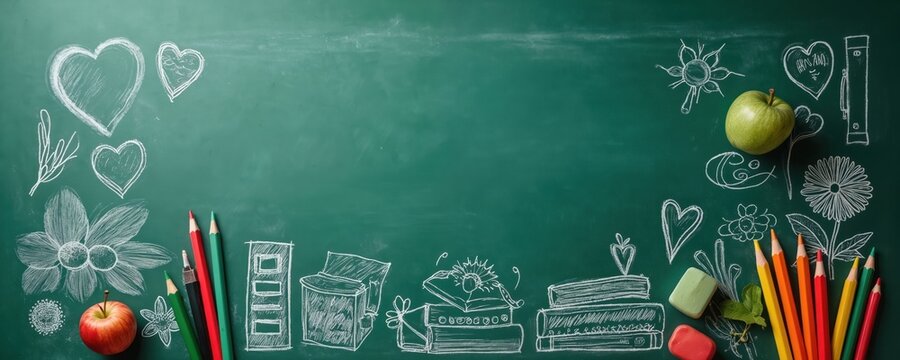 Green chalkboard with chalk drawn school items, apple. Back to school concept. White chalk doodles various supplies. Classroom texture with hearts, books, pencils, flowers, education theme. Learning - Powered by Adobe