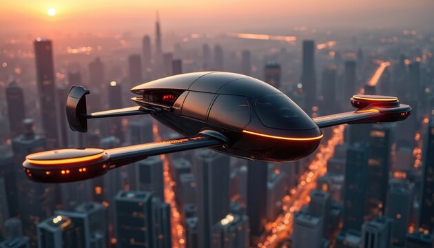 Futuristic air taxi flies above a modern city at sunset. Electric vehicle aircraft embodies new tech future transportation. Urban drone concept showcases advanced mobility solutions.
