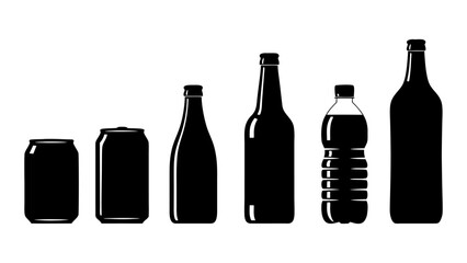 Silhouettes of various beverage containers including cans, glass bottles, and a plastic bottle.