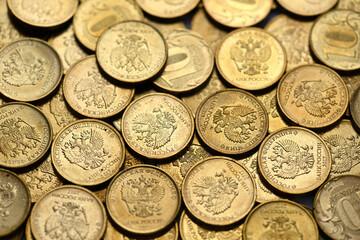 Gold Russian ruble coins background