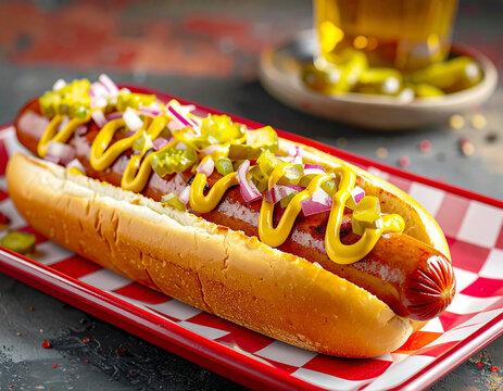 Classic hotdog with mustard, relish and onions, diner style. AI