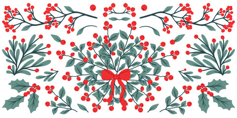 Christmas floral design elements set. Fir branches, leaves, twigs, berries, flowers, and a bow. Christmas decoration in a flat style on a white background.
