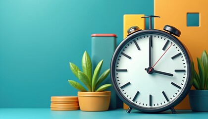 Alarm clock on blue surface with plants and orange shapes. Time management, business efficiency, schedule planning concept. Clock symbolizes deadline, punctuality, operations.
