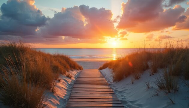 Wooden walkway leads to a golden beach at sunset. Warm sunlight illuminates the sand dunes and ocean horizon. A tranquil scene of nature offers serenity and relaxation by the sea. - Powered by Adobe