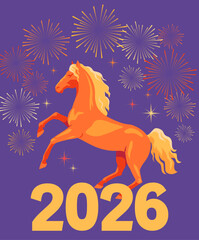 Happy new year card with fire horse and fireworks 2026