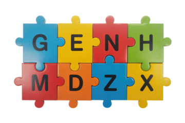 Puzzle pieces spelling GEN MDZX