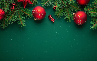 Christmas background with xmas tree, Christmas red ornament on green background. Merry Christmas greeting card. Winter holiday theme. Happy New Year. Xmas decoration