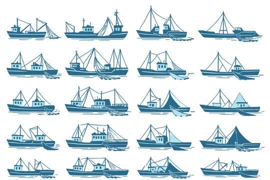 Collection of various fishing boats in different designs and sizes on a plain background