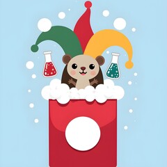Cute cartoon opossum emerging from chemistry themed jack in the box with rainbow foam forming jester hat and floating lab elements on light background