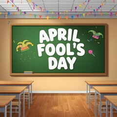 Detailed vector classroom interior with April Fools Day chalkboard lettering jester hat sketch confetti and bright arranged desks in flat colors