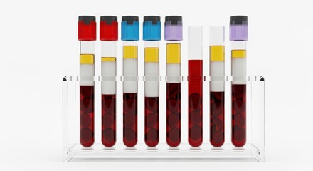  Row of blood test tubes with colorful caps in laboratory rack on white background, clinical analysis, diagnostics, medical research and healthcare laboratory equipment.