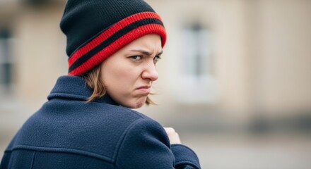 Angry woman in winter hat looking back over shoulder outdoors, symbolizing suspicion, conflict, distrust and tense social situation.