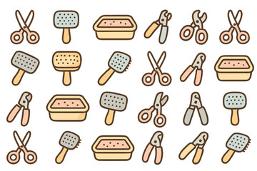 Various tools for grooming and care arranged in a pattern on a plain background showing a collection of grooming items at a home setting