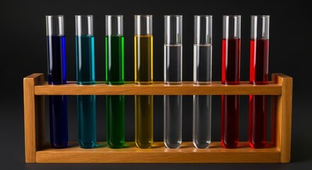 Test tubes with colorful liquids in wooden rack on black background, perfect chemistry and laboratory concept for science education, experiments and research.