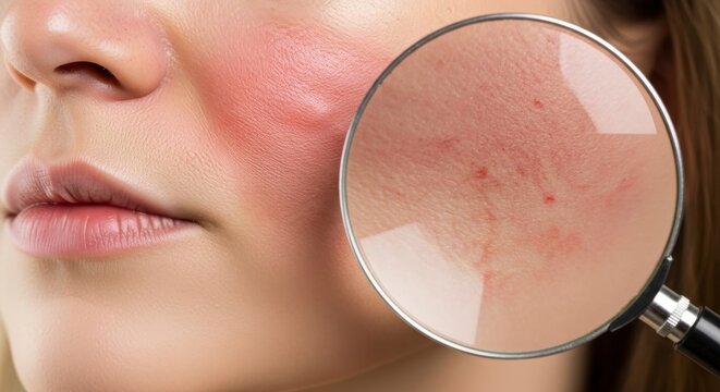 Female face with red irritated skin magnified under a loupe, representing rosacea, couperose, skin inflammation, dermatology diagnosis and cosmetic skincare problems.