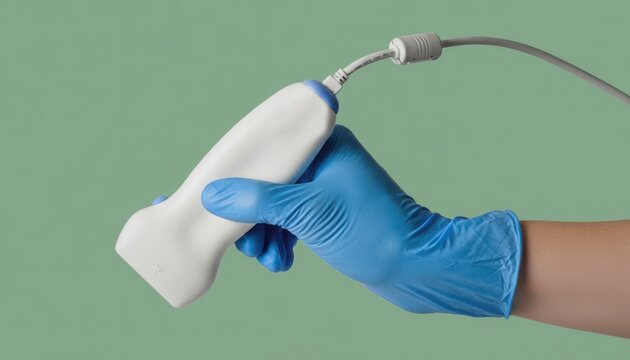 Hand in medical glove holding ultrasound probe on green background, symbolizing diagnostic imaging, pregnancy checkup, internal organ examination and modern healthcare equipment.