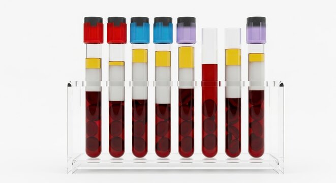  Row of blood test tubes with colorful caps in laboratory rack on white background, clinical analysis, diagnostics, medical research and healthcare laboratory equipment. - Powered by Adobe