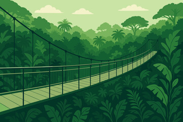 Fototapeta premium Suspension bridge crosses green forest in tropical wilderness near jungle at midday