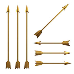 Collection of golden arrows on a white background