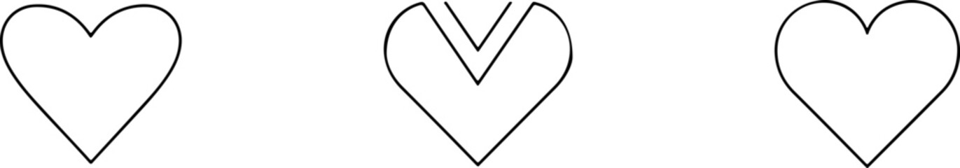Set of four simple black line heart icons. Minimalist vector love symbols with and without reflections, ideal for Valentine's Day design.