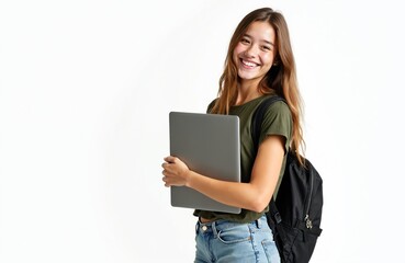 Naklejka premium Young woman student smiles holding laptop computer and wearing backpack. She is ready for college or school class. Casual student life on white background. Female learning or working.