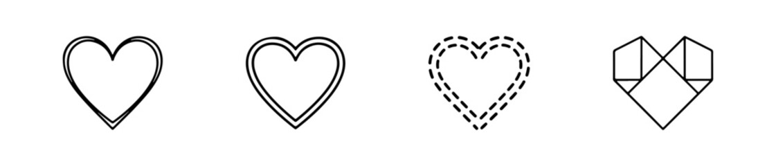 Set of four simple black line heart icons. Minimalist vector love symbols with and without reflections, ideal for Valentine's Day design.