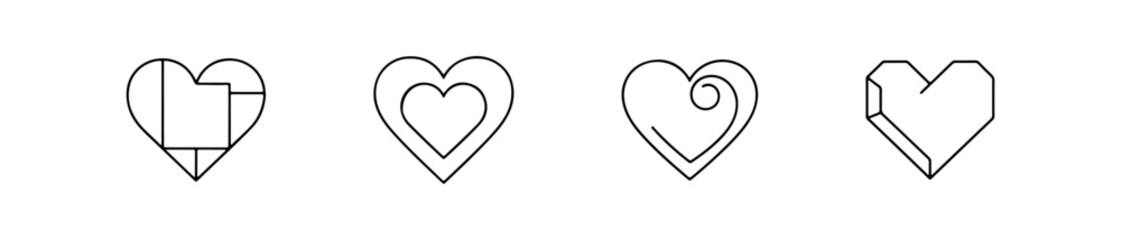 Set of four simple black line heart icons. Minimalist vector love symbols with and without reflections, ideal for Valentine's Day design.
