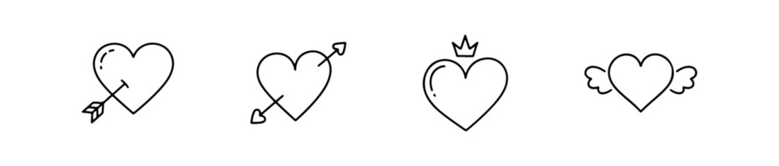 Set of four simple black line heart icons. Minimalist vector love symbols with and without reflections, ideal for Valentine's Day design.