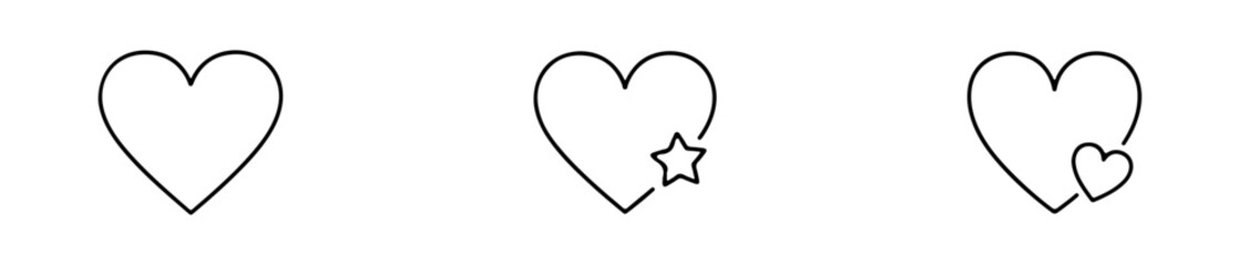 Set of four simple black line heart icons. Minimalist vector love symbols with and without reflections, ideal for Valentine's Day design.