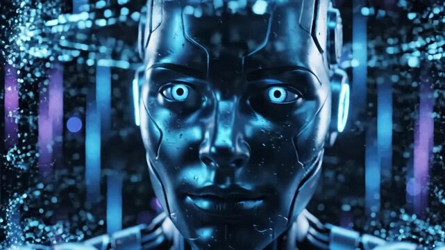 Closeup of a futuristic android face with glowing blue eyes