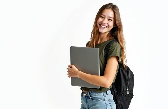 Young woman student smiles holding laptop computer and wearing backpack. She is ready for college or school class. Casual student life on white background. Female learning or working.