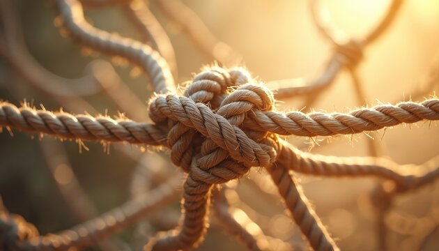 Complex web of tangled ropes business ties, antitrust challenges. Central knot represents market dominance, monopoly issues. Interconnected network shows corporate strategy, complex legal regulations.