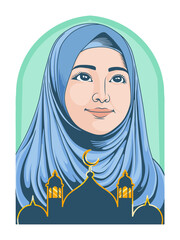 Smiling Muslim Woman in Hijab with Mosque Silhouette